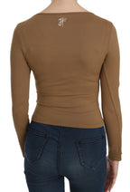 GF Ferre Brown Long Round Neck Sleeve Fitted Shirt Tops Blouse