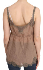 PINK MEMORIES Brown Lace Spaghetti Strap Plunging Top Blouse