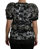 Dolce & Gabbana Black Sequined Crystal Embellished Top Blouse