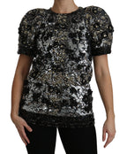 Dolce & Gabbana Black Sequined Crystal Embellished Top Blouse