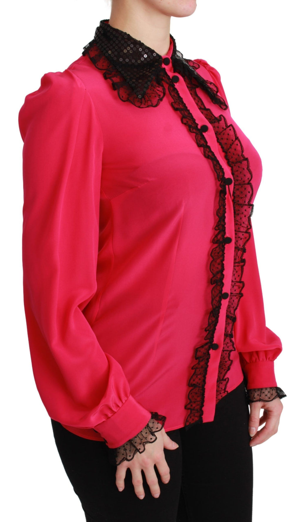 Dolce & Gabbana Pink Silk Black Sequin Lace Shirt Blouse