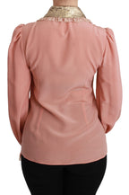 Dolce & Gabbana Pink Silk Gold Sequin Lace Blouse Shirt