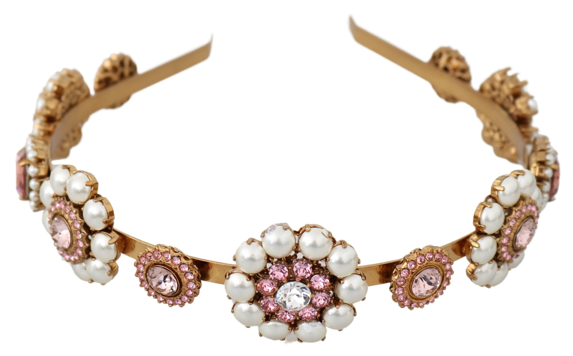 Dolce & Gabbana Gold Tiara Crystal Floral Pearl Headband Logo Diadem - Maison Luxe