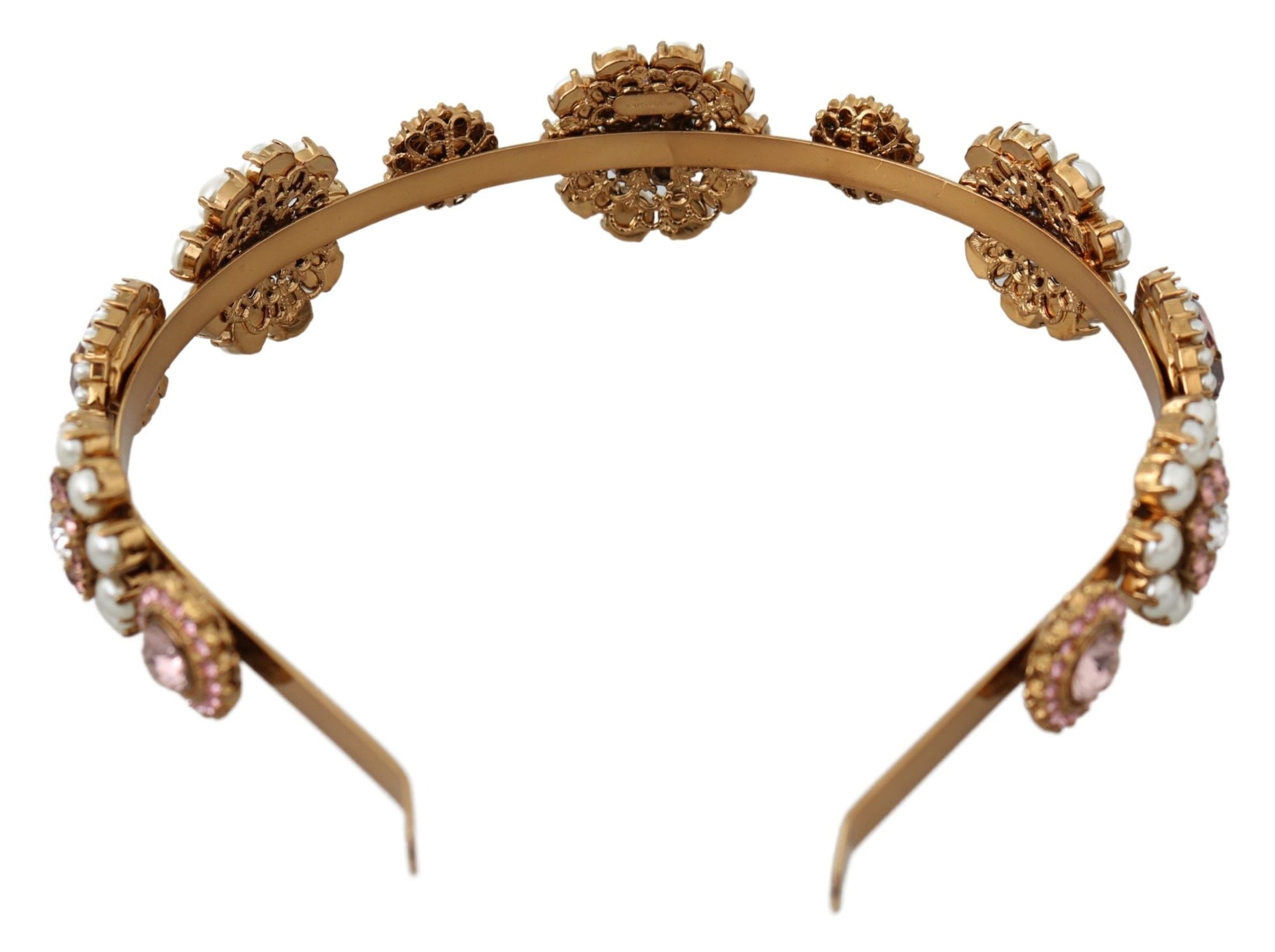 Dolce & Gabbana Gold Tiara Crystal Floral Pearl Headband Logo Diadem - Maison Luxe