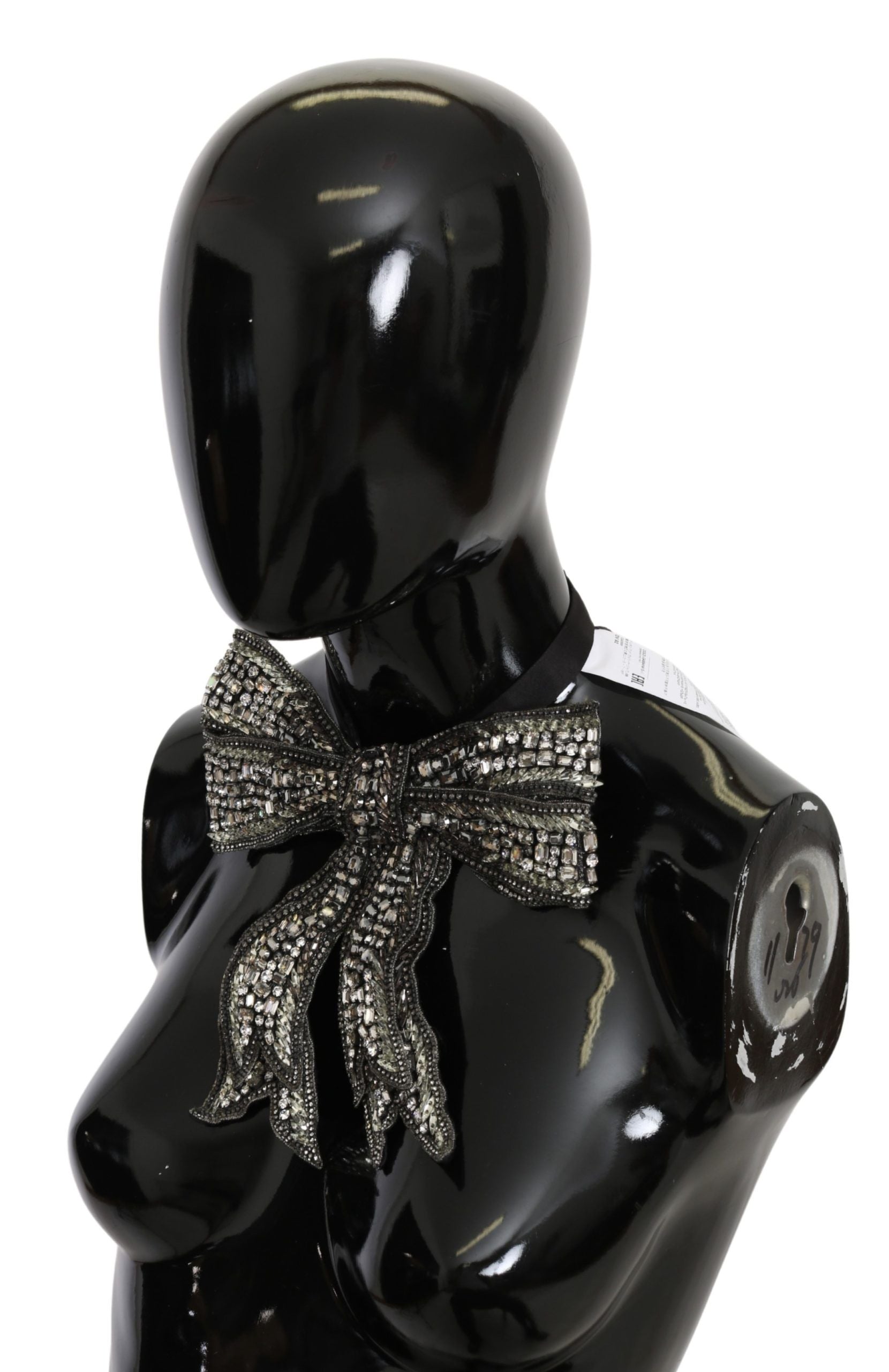 Dolce & Gabbana Silver Crystal Beaded Sequined 100% Silk Catwalk Necklace Bowtie - Maison Luxe