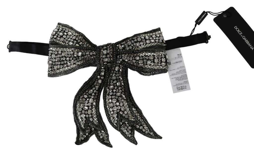 Dolce & Gabbana Silver Crystal Beaded Sequined 100% Silk Catwalk Necklace Bowtie - Maison Luxe