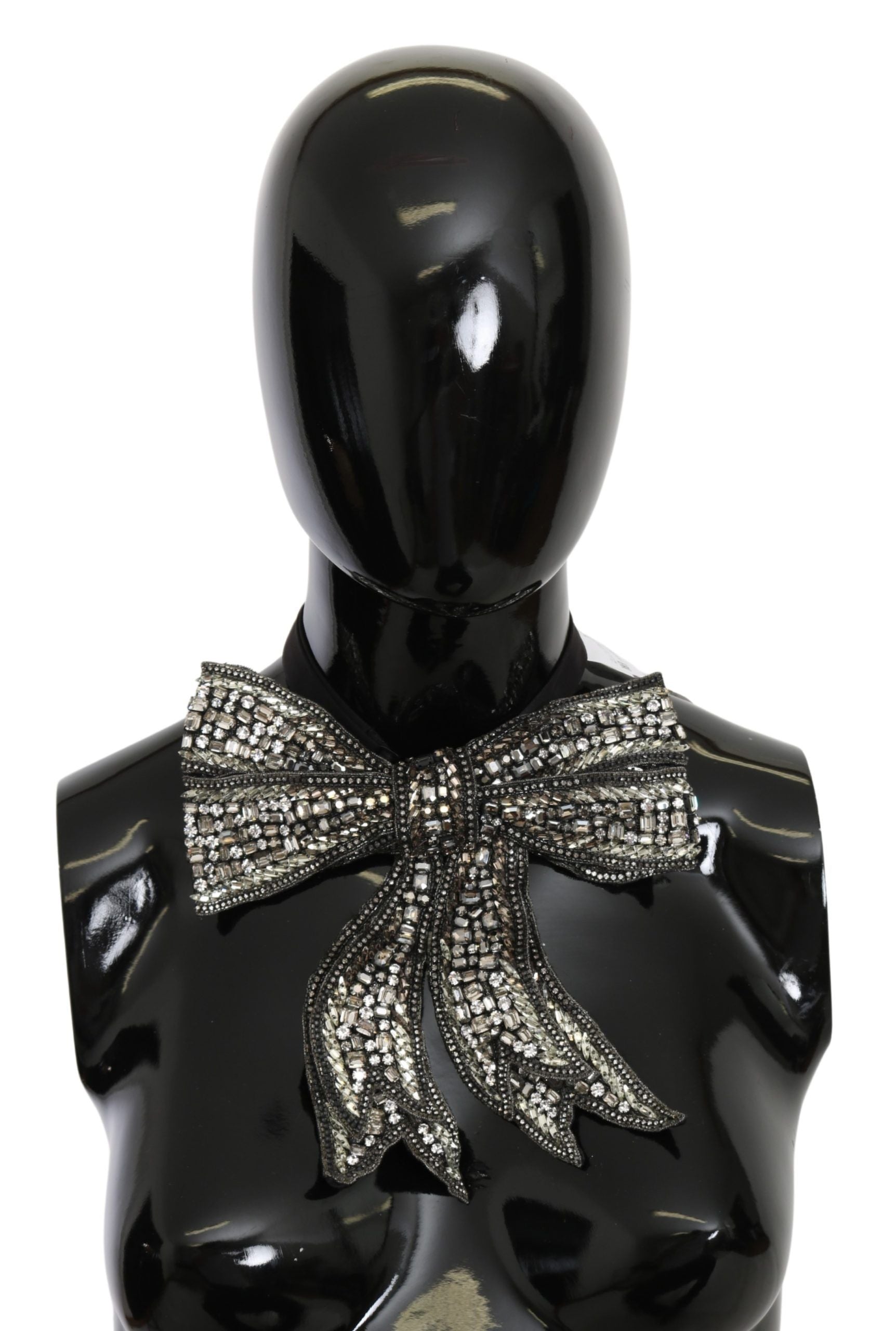 Dolce & Gabbana Silver Crystal Beaded Sequined 100% Silk Catwalk Necklace Bowtie - Maison Luxe