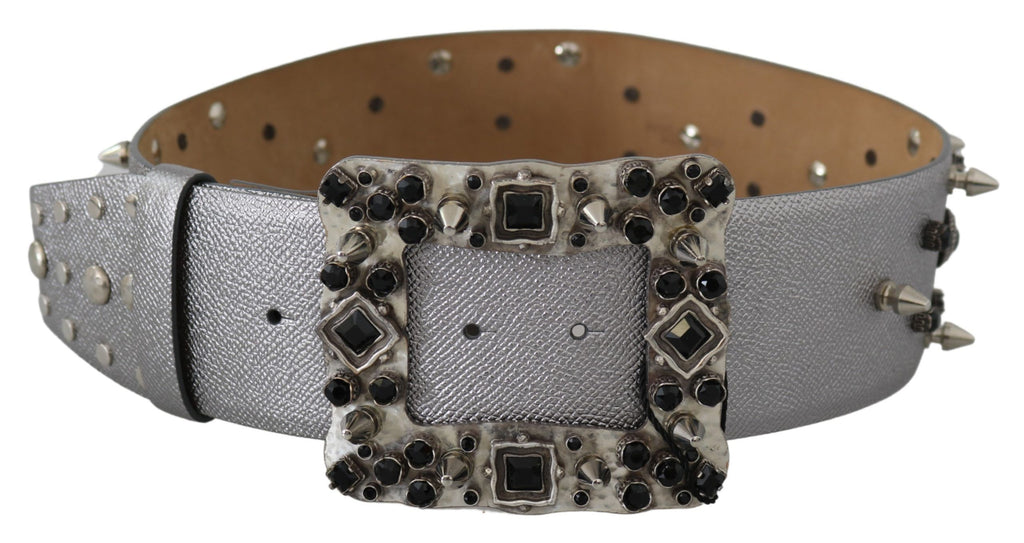 Dolce & Gabbana Silver Leather Crystal Stud Logo Buckle Belt - Maison Luxe