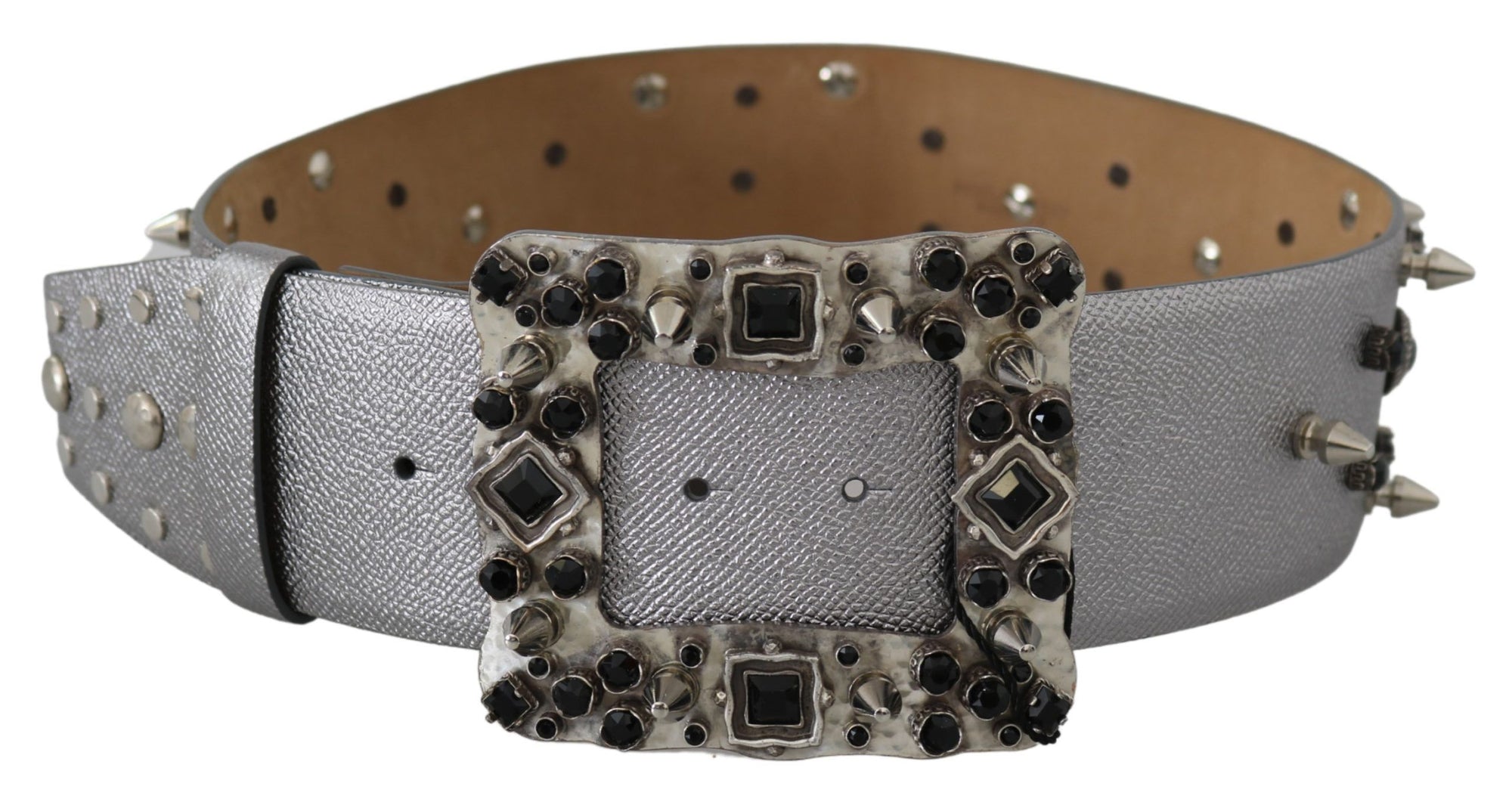 Dolce & Gabbana Silver Leather Crystal Stud Logo Buckle Belt - Maison Luxe
