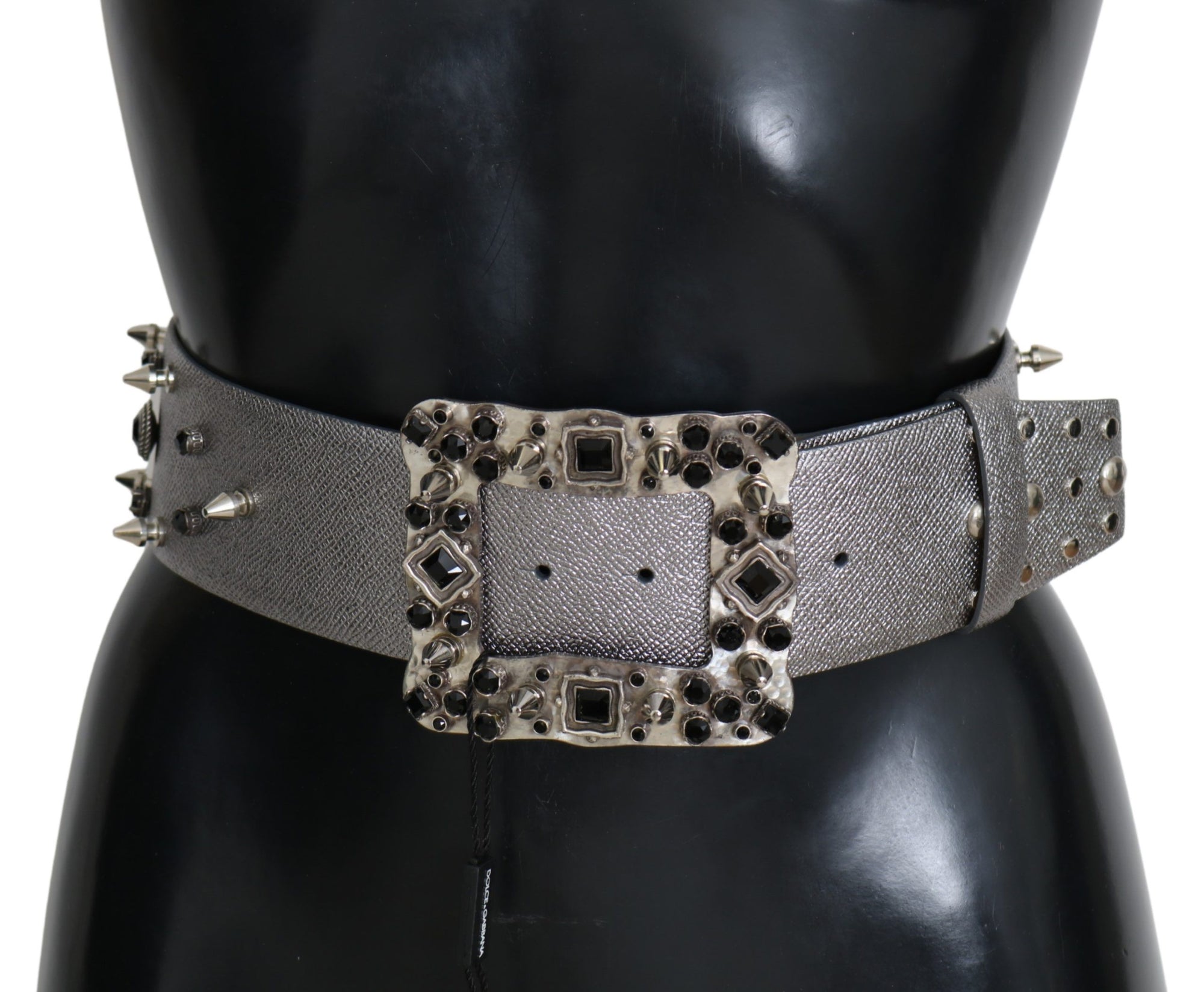 Dolce & Gabbana Silver Leather Crystal Stud Logo Buckle Belt - Maison Luxe
