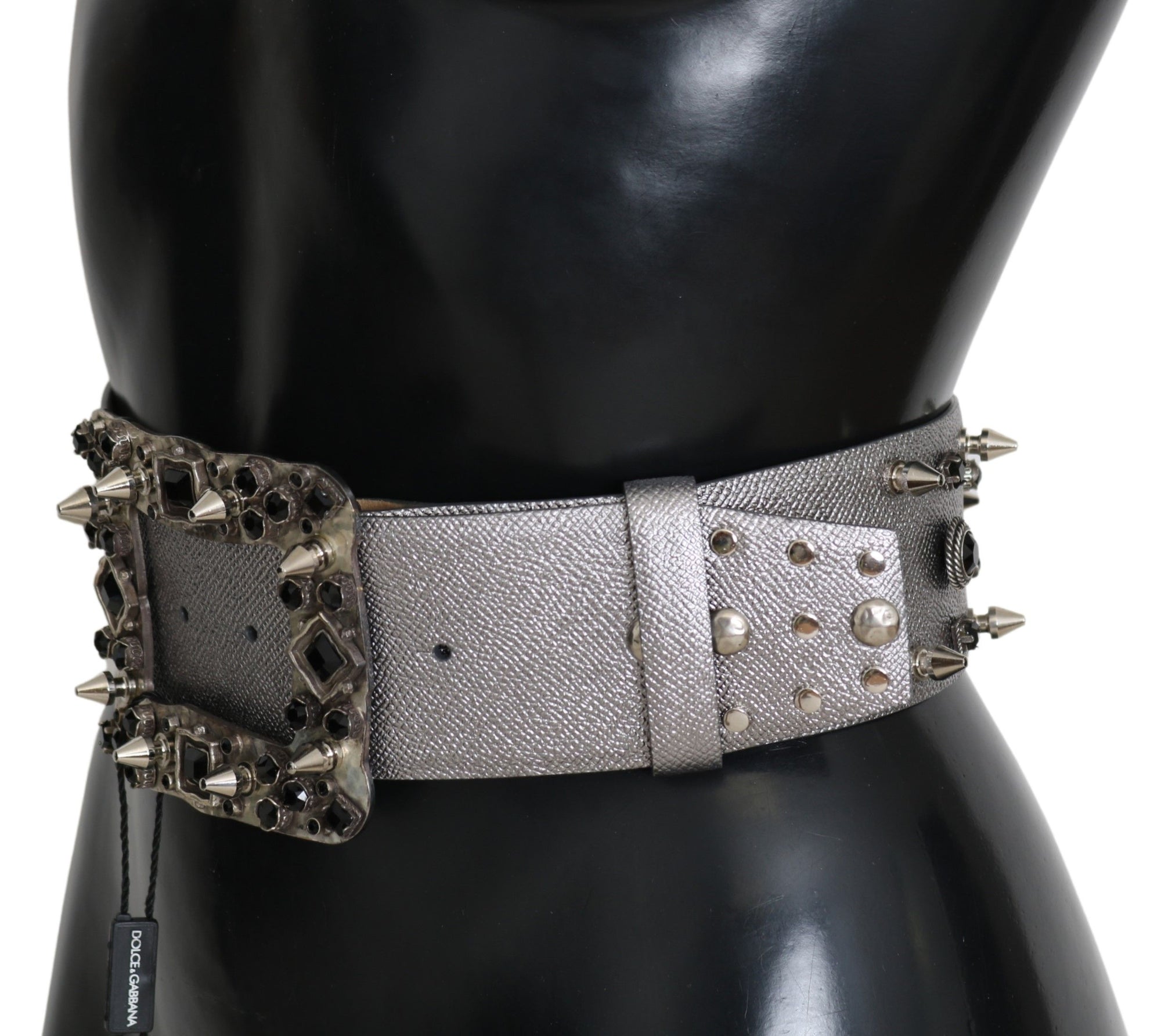 Dolce & Gabbana Silver Leather Crystal Stud Logo Buckle Belt - Maison Luxe