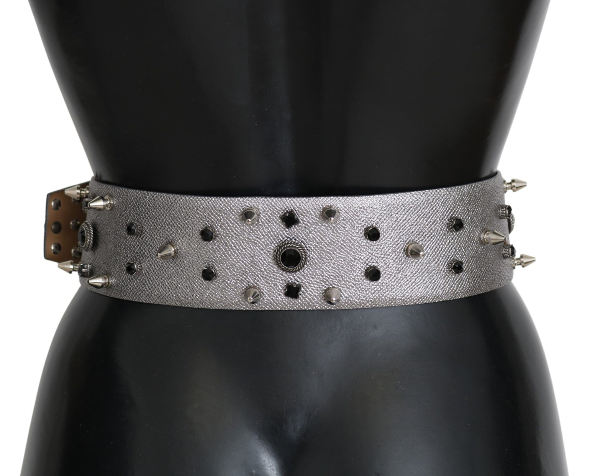 Dolce & Gabbana Silver Leather Crystal Stud Logo Buckle Belt - Maison Luxe