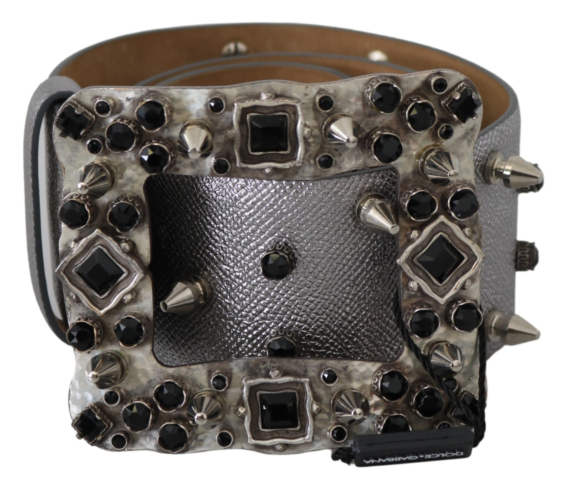 Dolce & Gabbana Silver Leather Crystal Stud Logo Buckle Belt - Maison Luxe