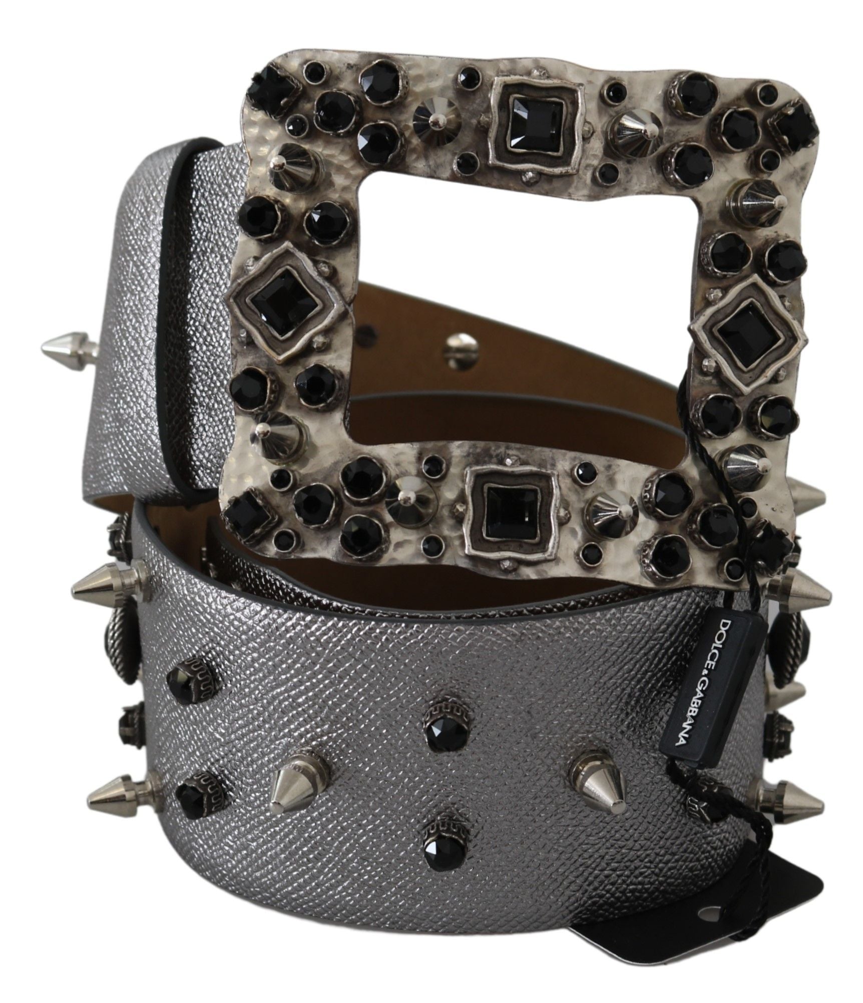 Dolce & Gabbana Silver Leather Crystal Stud Logo Buckle Belt - Maison Luxe