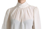 Dolce & Gabbana White Silk Pussy Bow Long Sleeved Top Blouse
