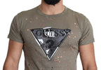 Guess Brown Cotton Stretch Logo Print Men Casual Perforated T-shirt