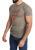 Guess Brown Cotton Stretch Logo Print Men Casual Perforated T-shirt