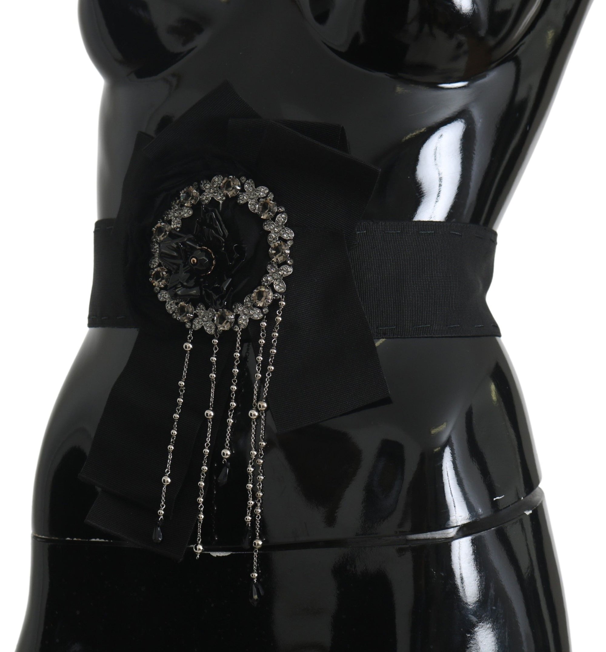 Dolce & Gabbana Black Crystal Brooch Wide Wai SATORIA Belt - Maison Luxe