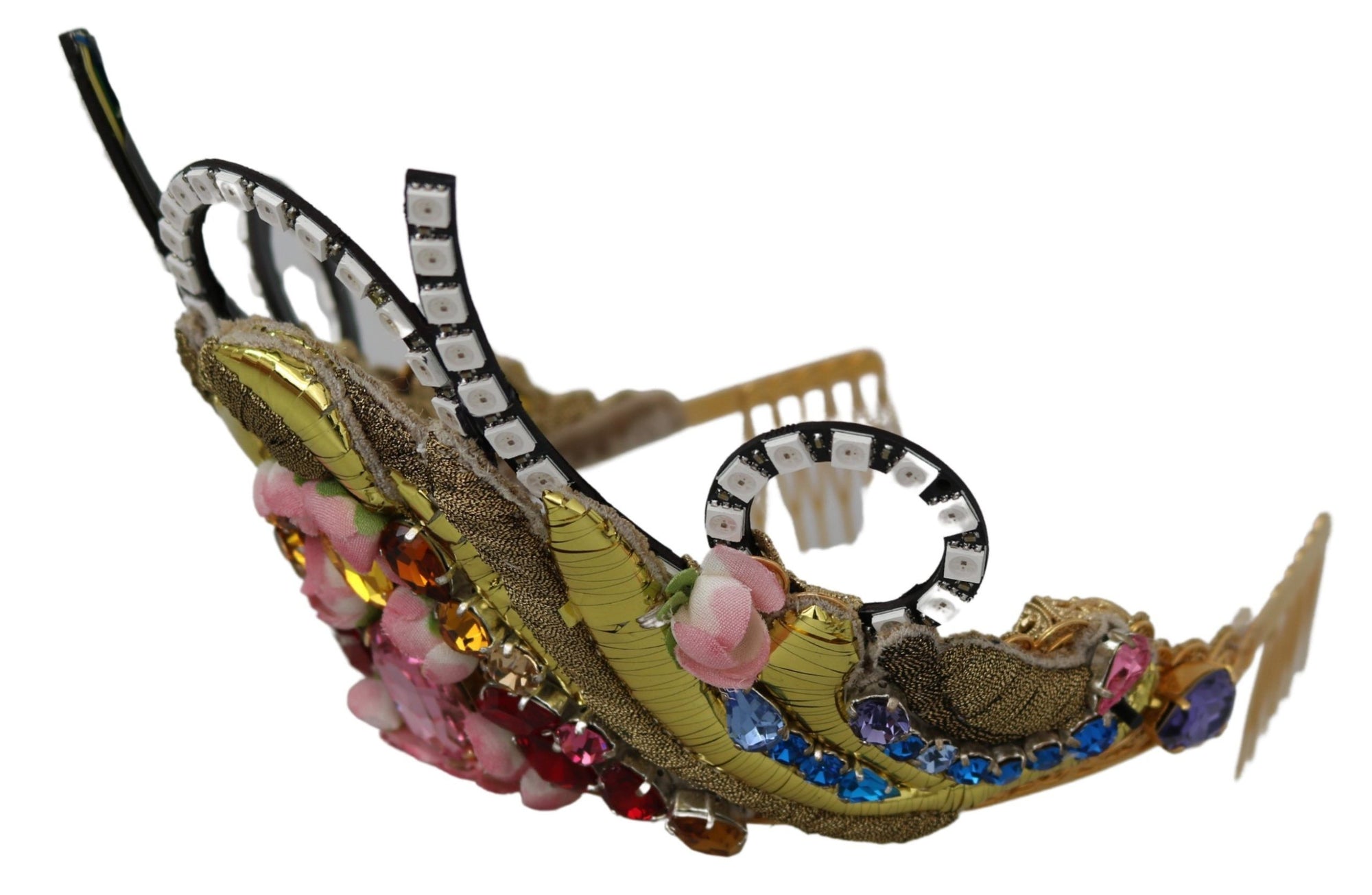 Dolce & Gabbana Gold Brass Floral Crystals LED Lights Crown Tiara Diadem - Maison Luxe