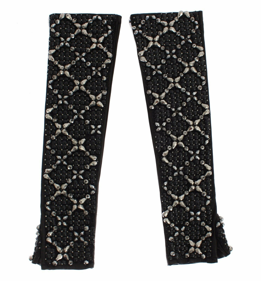 Dolce & Gabbana Black Leather Crystal Beaded Finger Free Gloves - Maison Luxe