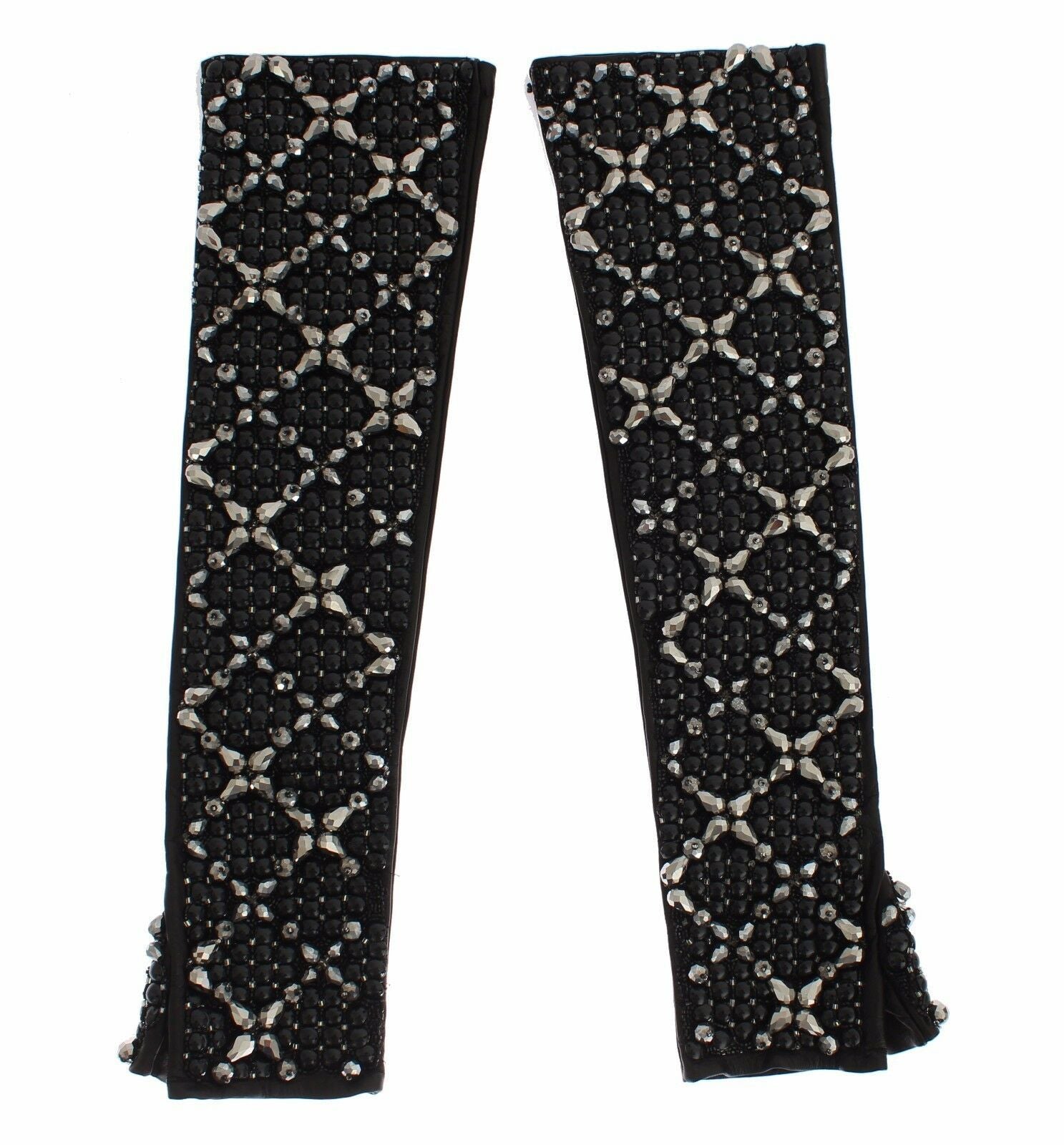Dolce & Gabbana Black Leather Crystal Beaded Finger Free Gloves - Maison Luxe