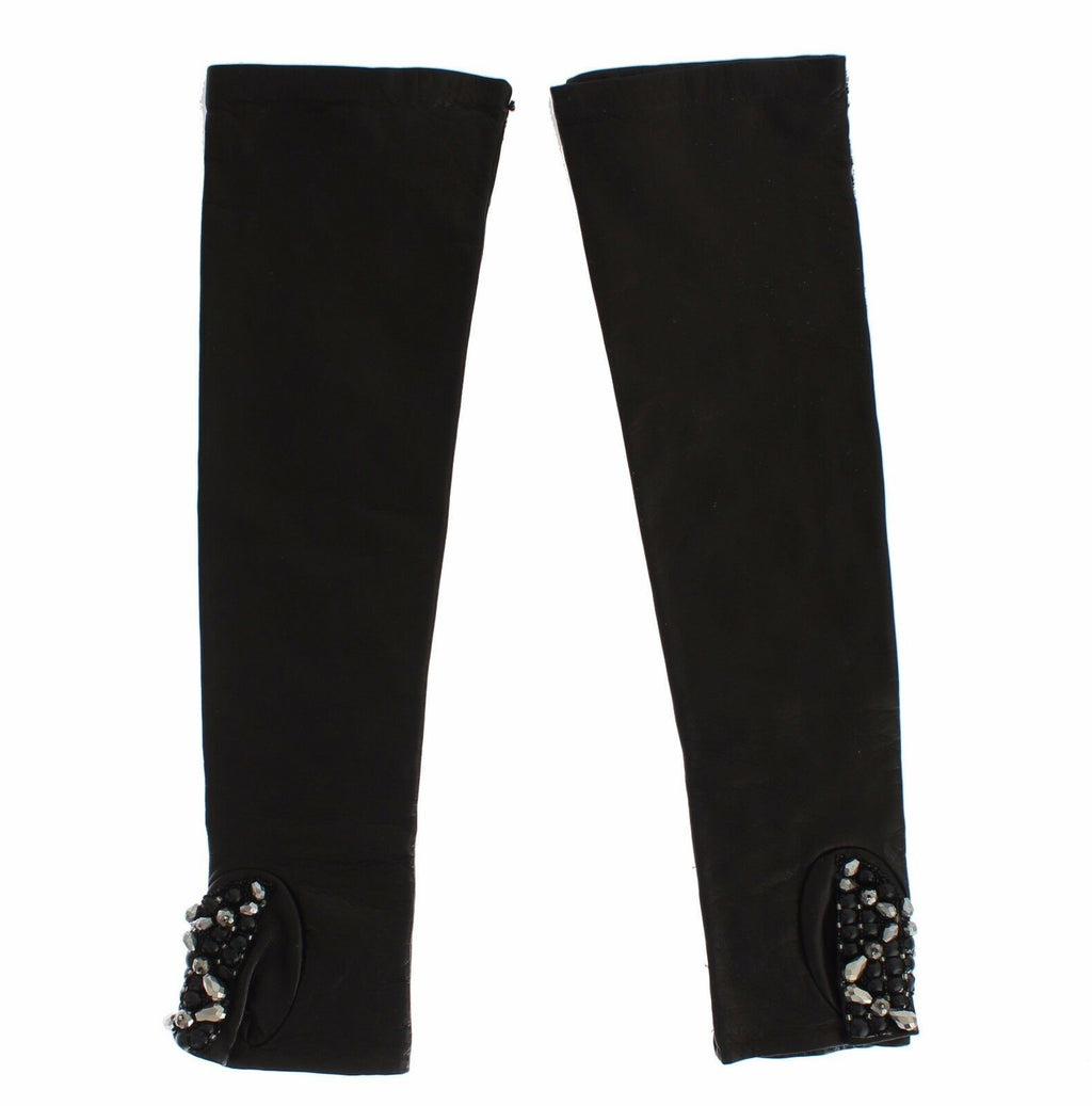 Dolce & Gabbana Black Leather Crystal Beaded Finger Free Gloves - Maison Luxe