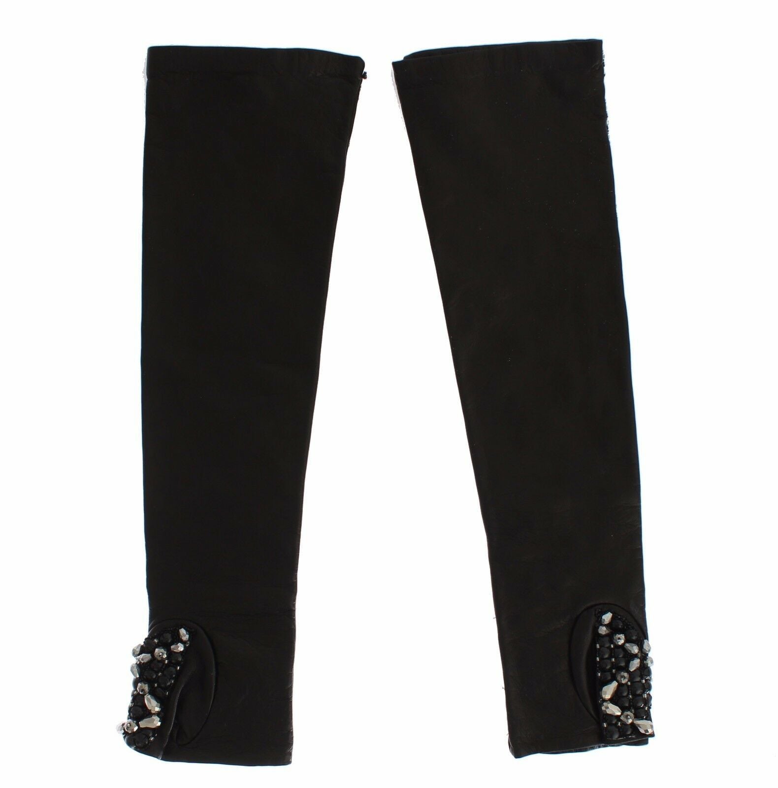 Dolce & Gabbana Black Leather Crystal Beaded Finger Free Gloves - Maison Luxe