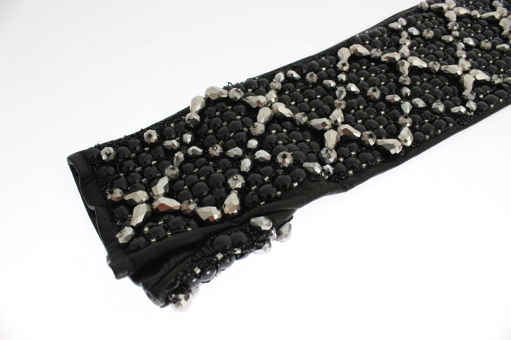 Dolce & Gabbana Black Leather Crystal Beaded Finger Free Gloves - Maison Luxe