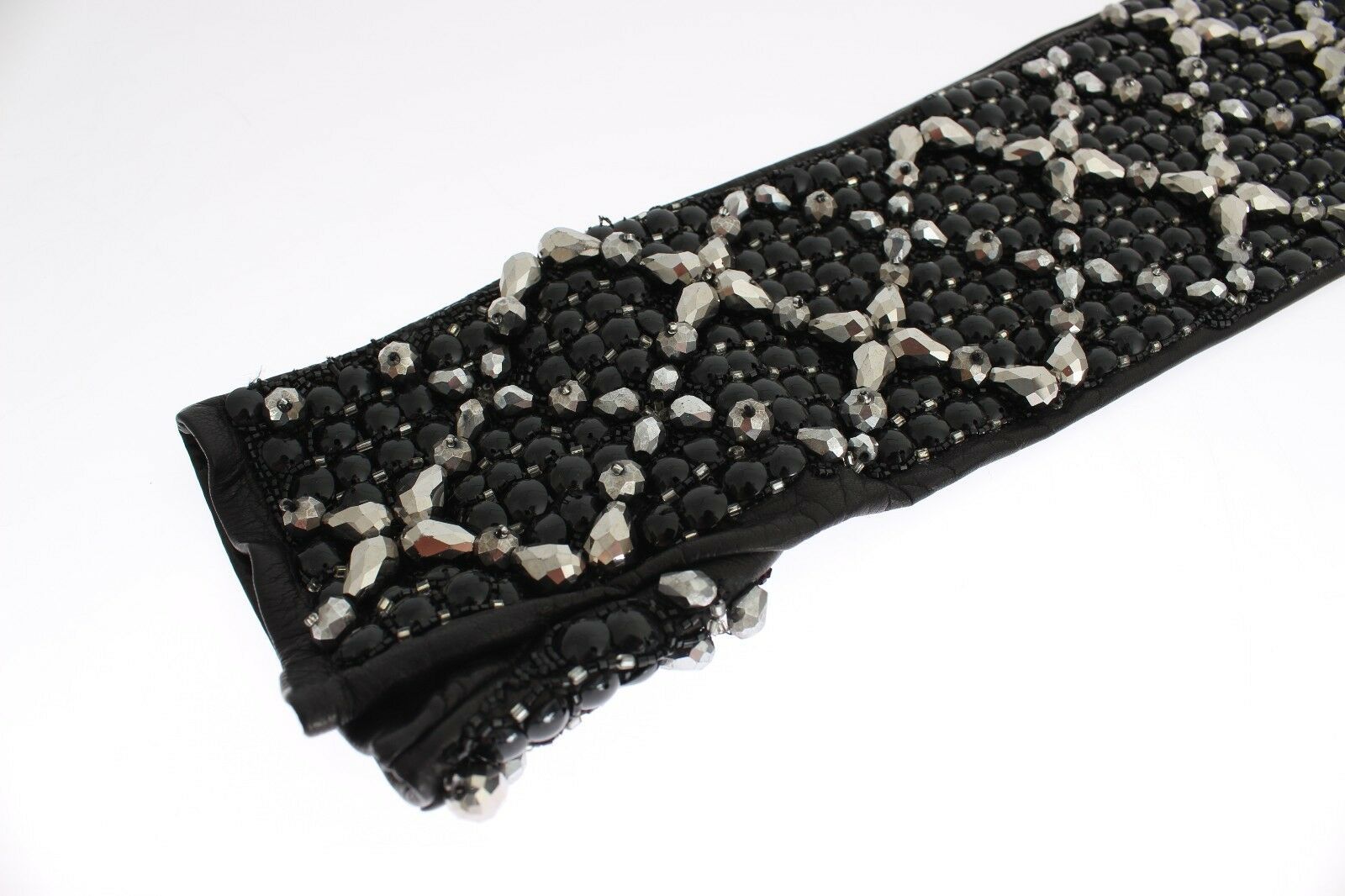 Dolce & Gabbana Black Leather Crystal Beaded Finger Free Gloves - Maison Luxe