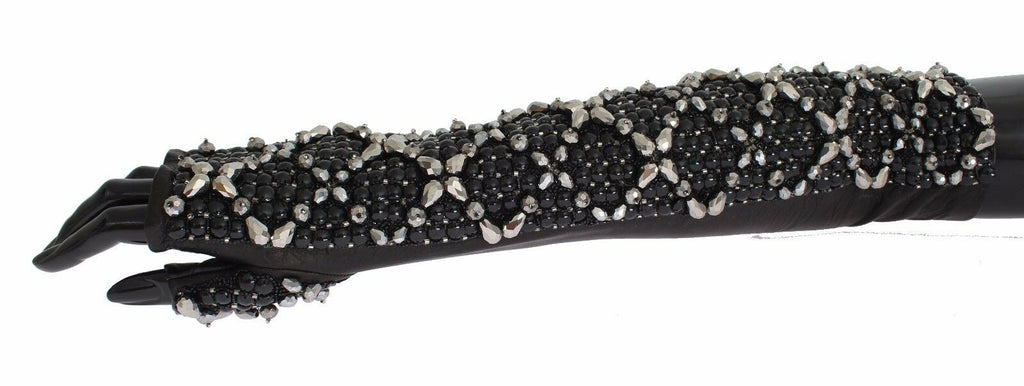 Dolce & Gabbana Black Leather Crystal Beaded Finger Free Gloves - Maison Luxe