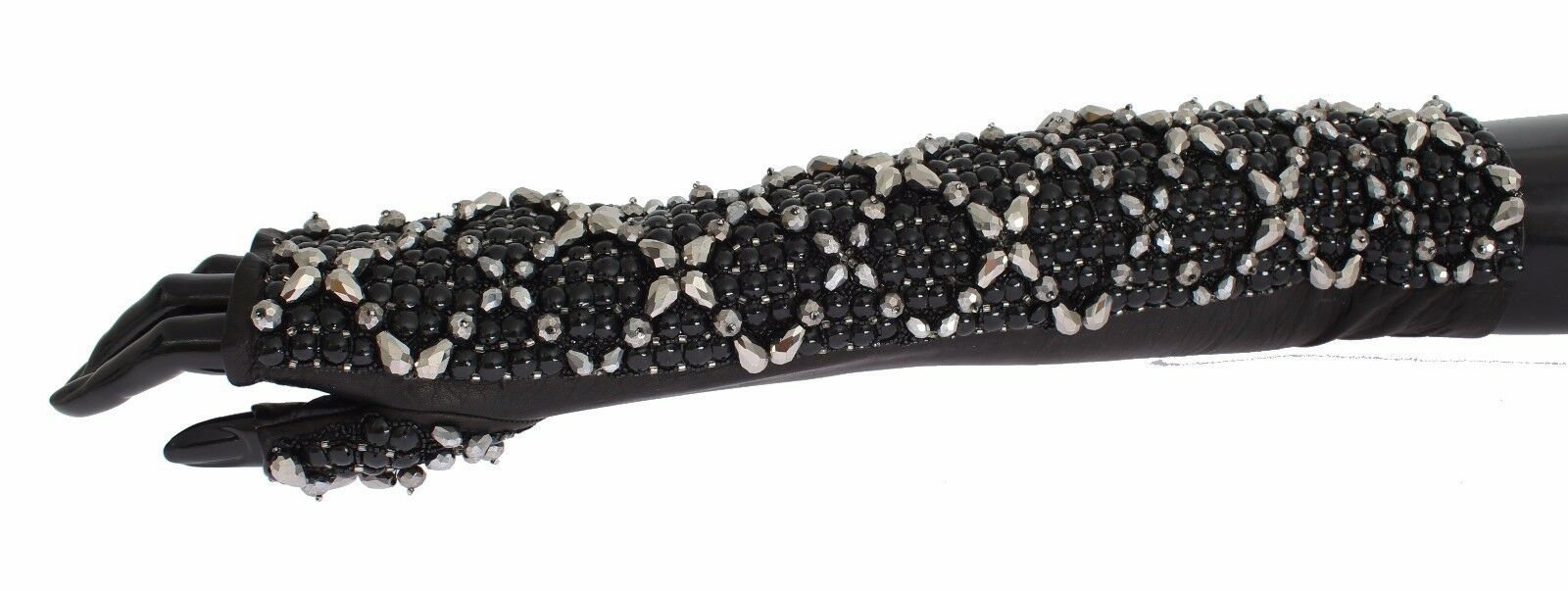 Dolce & Gabbana Black Leather Crystal Beaded Finger Free Gloves - Maison Luxe