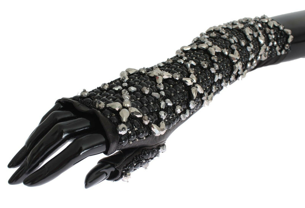 Dolce & Gabbana Black Leather Crystal Beaded Finger Free Gloves - Maison Luxe