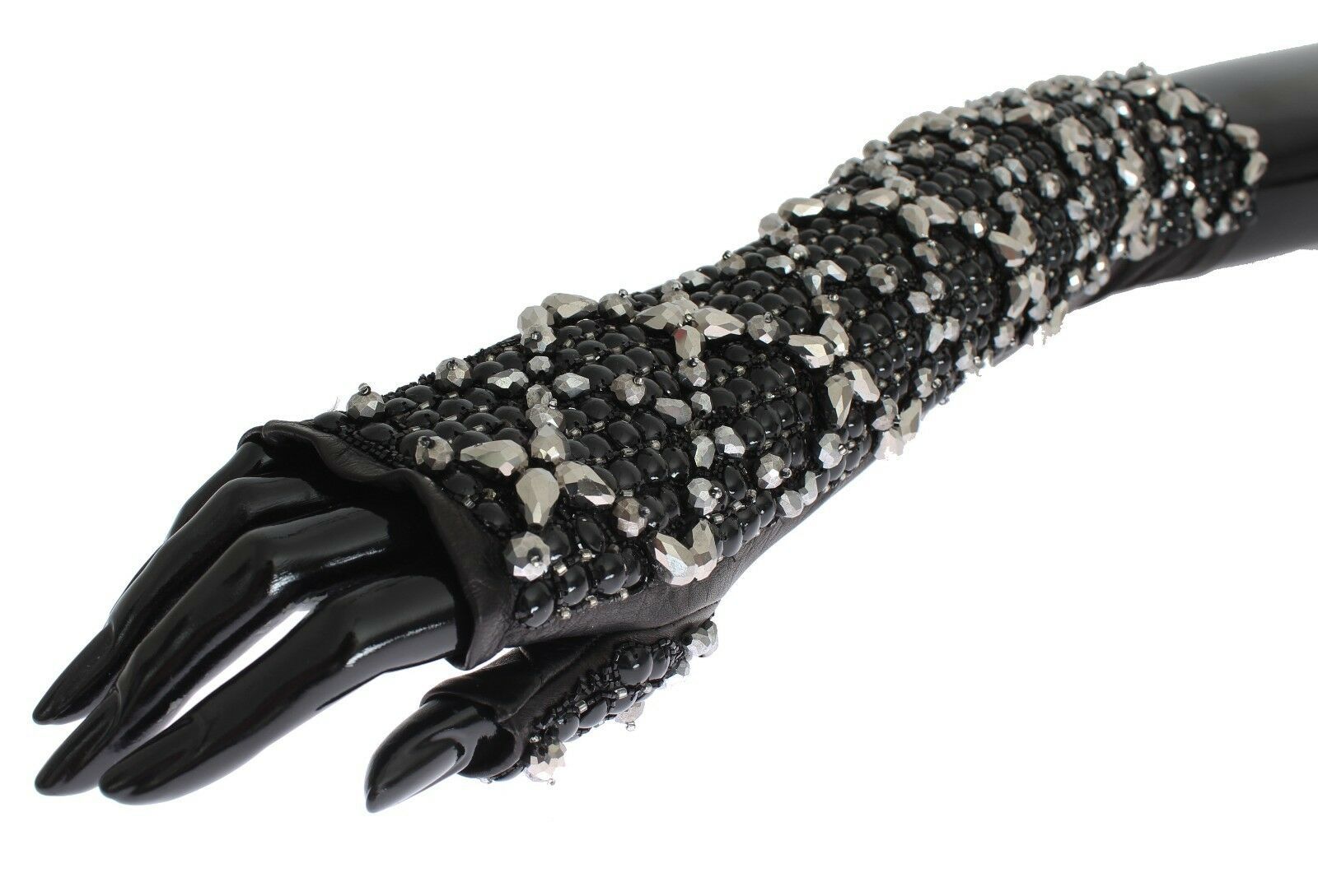Dolce & Gabbana Black Leather Crystal Beaded Finger Free Gloves - Maison Luxe