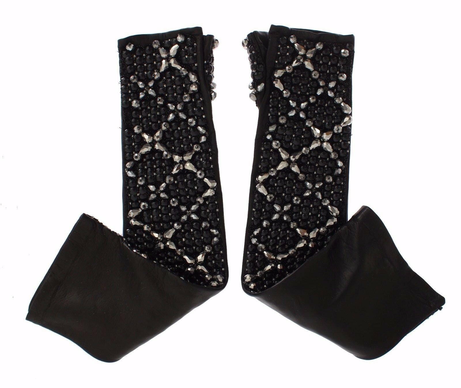Dolce & Gabbana Black Leather Crystal Beaded Finger Free Gloves - Maison Luxe