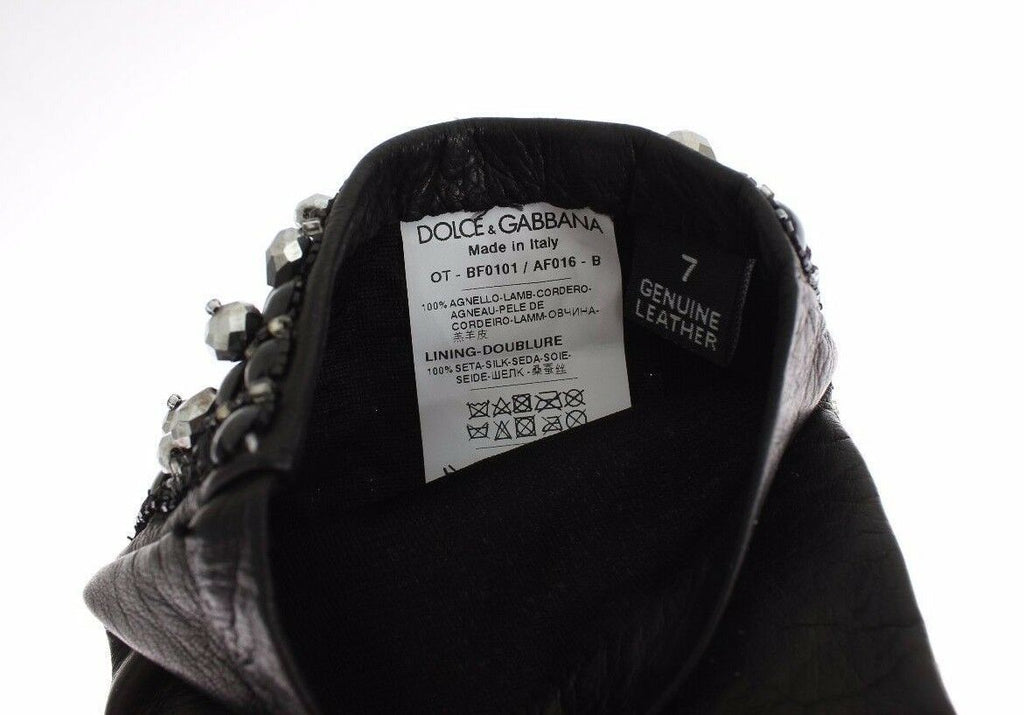 Dolce & Gabbana Black Leather Crystal Beaded Finger Free Gloves - Maison Luxe
