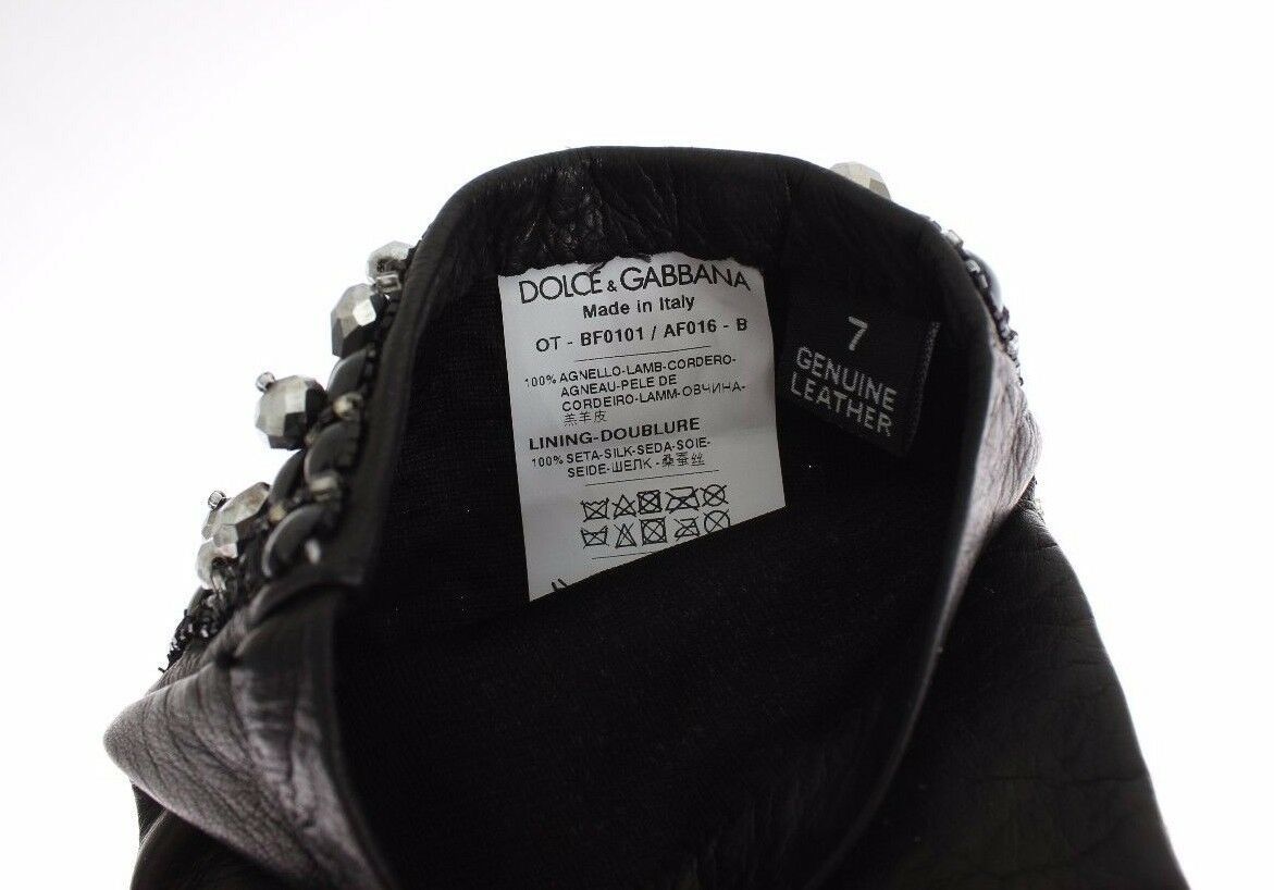 Dolce & Gabbana Black Leather Crystal Beaded Finger Free Gloves - Maison Luxe