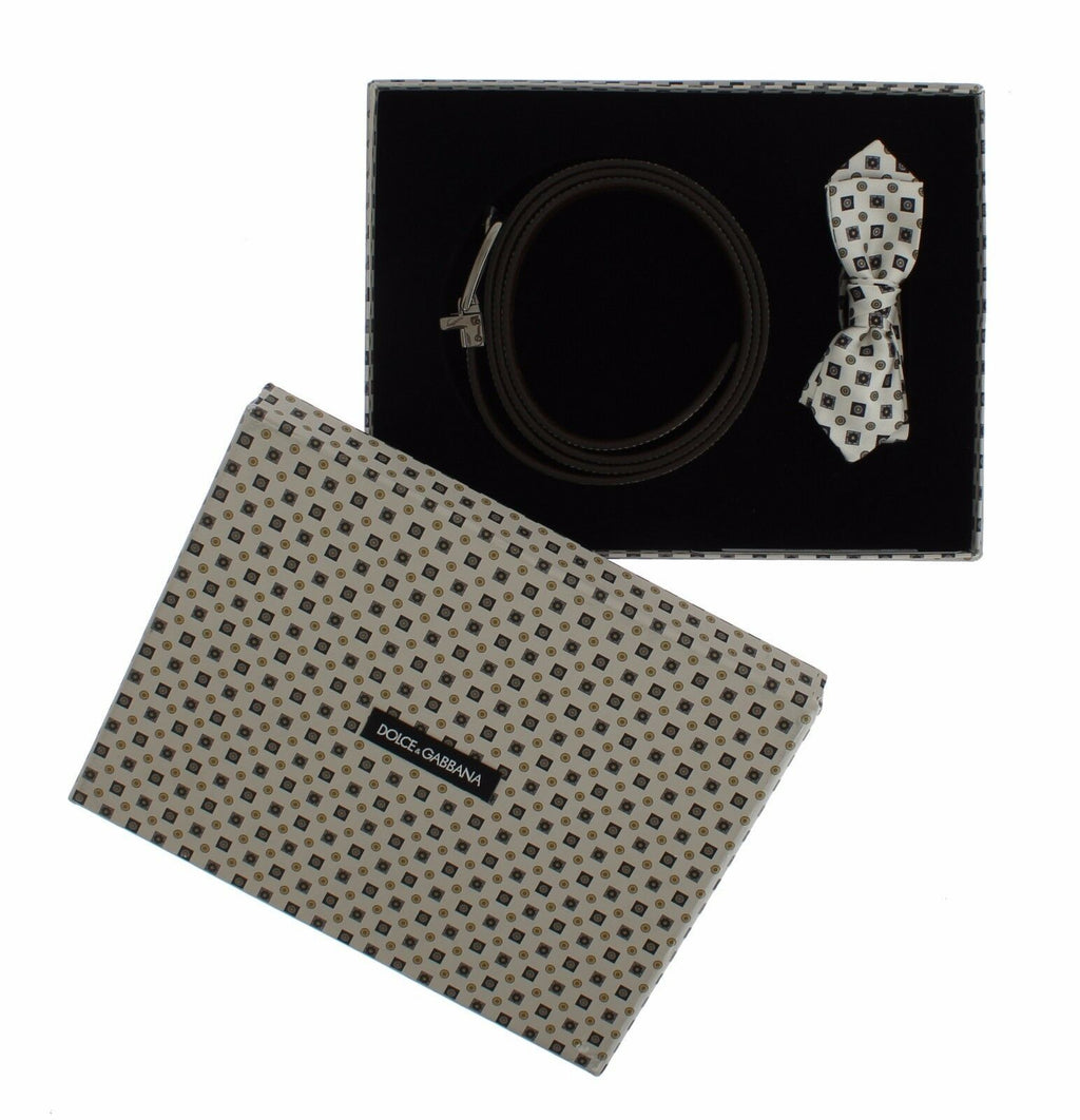 Dolce & Gabbana White Silk Bowtie Leather Men Belt Gift Box - Maison Luxe