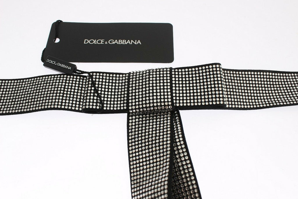 Dolce & Gabbana Black Silk Clear Crystal Bow Waist Belt - Maison Luxe