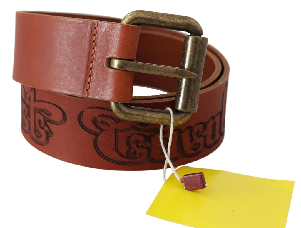Just Cavalli Brown Leather Logo Bronze Rustic Metal Buckle Belt - Maison Luxe