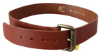 Just Cavalli Brown Leather Logo Bronze Rustic Metal Buckle Belt - Maison Luxe