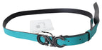 Costume National Blue Green Leather Logo Silver Buckle Belt - Maison Luxe