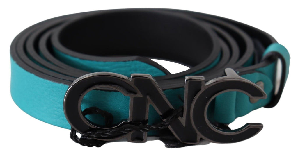 Costume National Blue Green Leather Logo Silver Buckle Belt - Maison Luxe