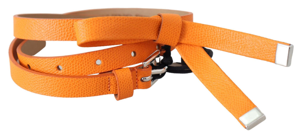 Scervino Street Orange Tangerine Leather Slim Silver Metal Buckle Belt - Maison Luxe