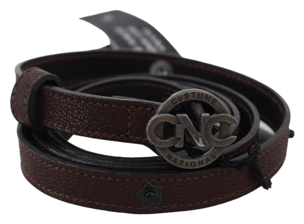 Costume National Brown Skinny Leather Round Logo Buckle Belt - Maison Luxe