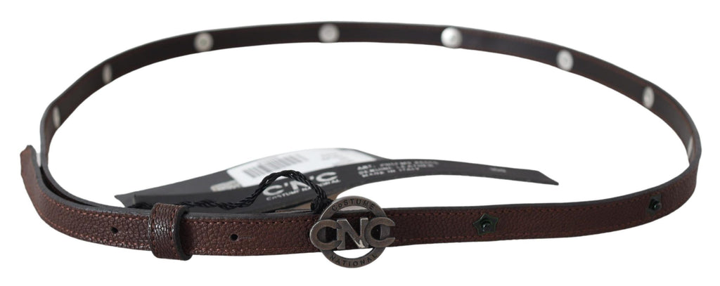 Costume National Brown Skinny Leather Round Logo Buckle Belt - Maison Luxe
