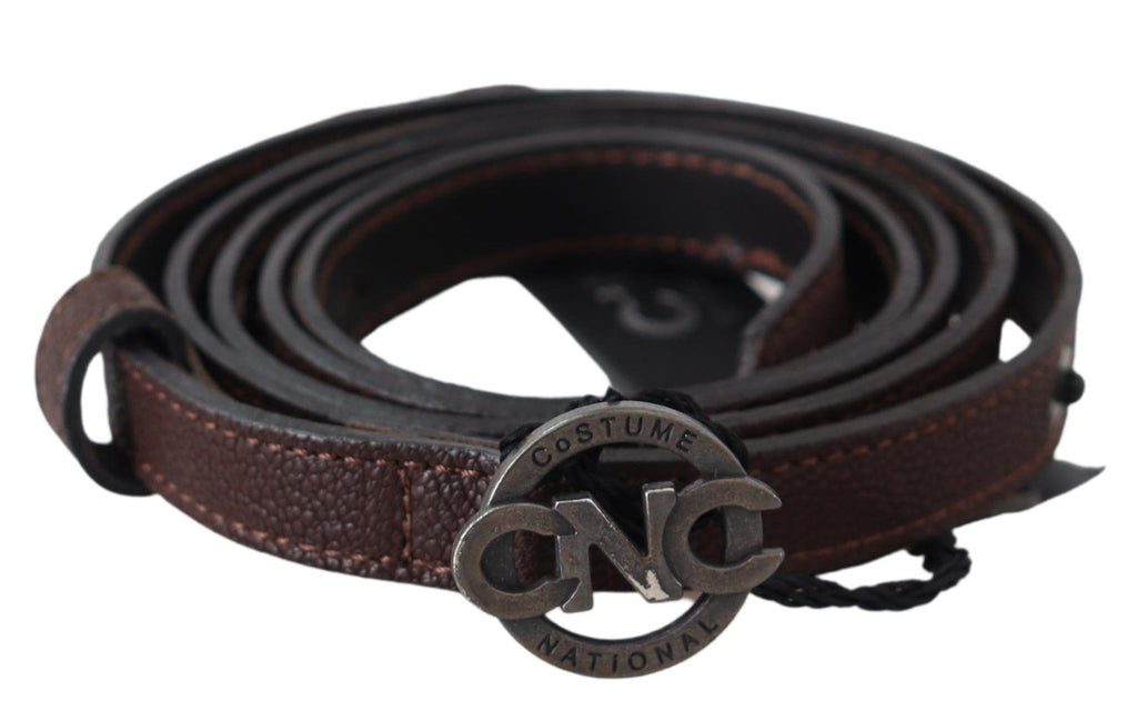 Costume National Brown Skinny Leather Round Logo Buckle Belt - Maison Luxe