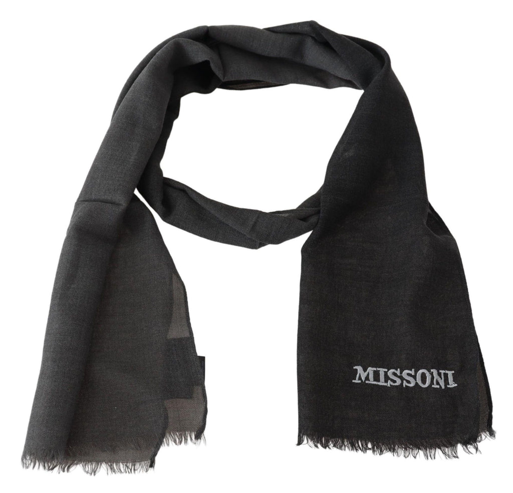 Missoni Gray Wool Unisex Neck Wrap Shawl Fringes Logo Scarf - Maison Luxe