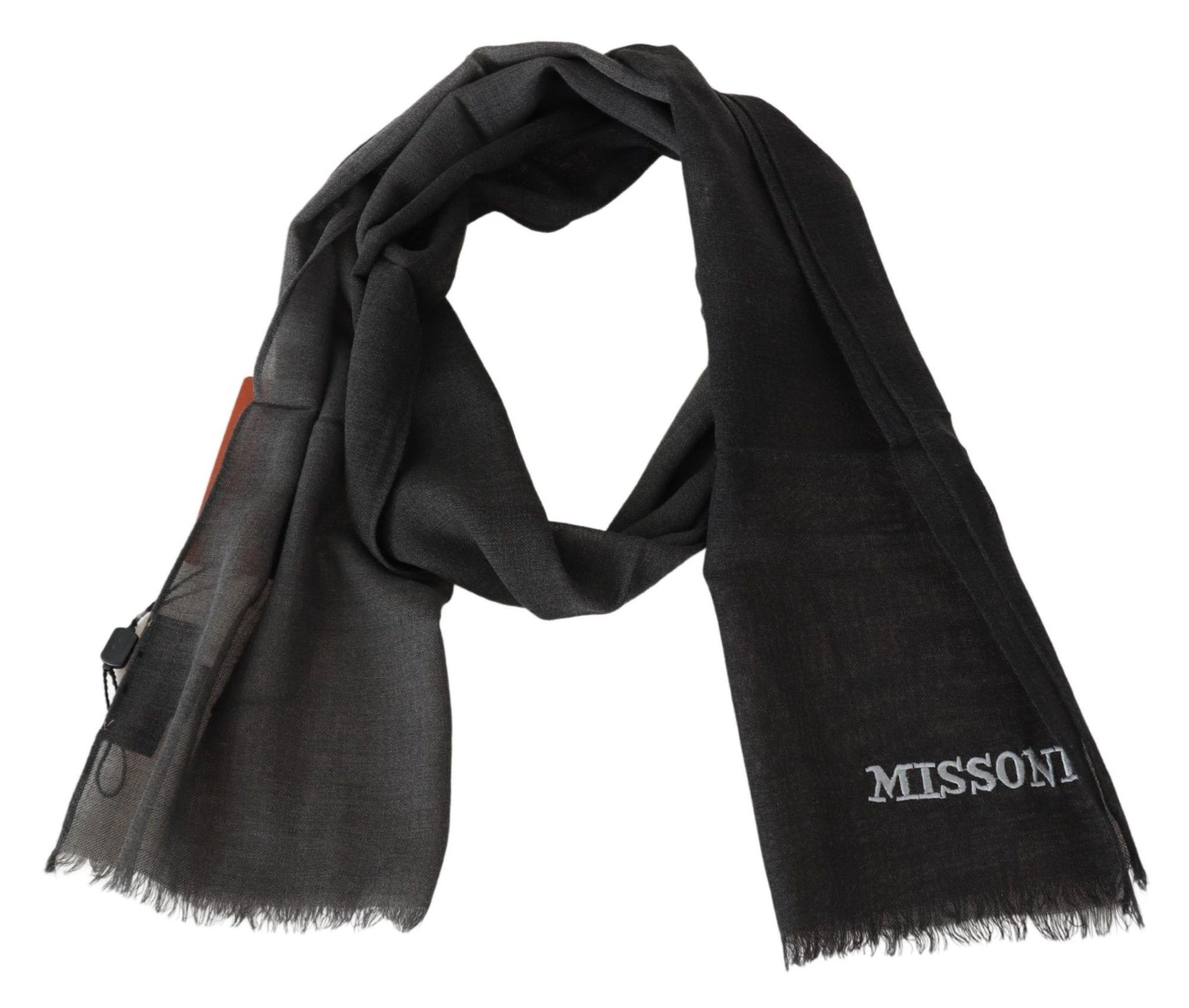Missoni Black Wool Unisex Neck Wrap Shawl Fringes Logo Scarf - Maison Luxe