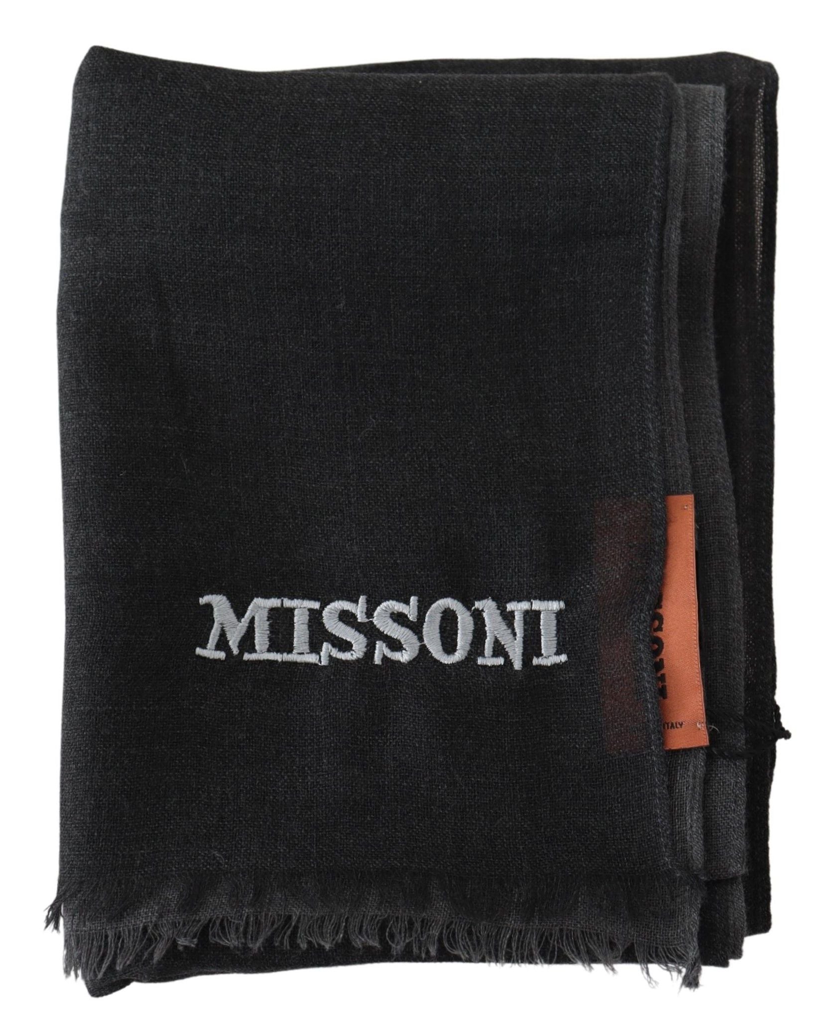 Missoni Black Wool Unisex Neck Wrap Shawl Fringes Logo Scarf - Maison Luxe
