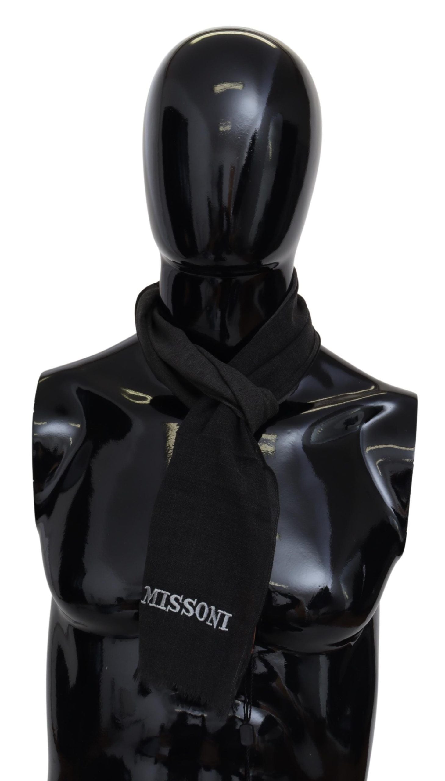 Missoni Black Wool Unisex Neck Wrap Shawl Fringes Logo Scarf - Maison Luxe